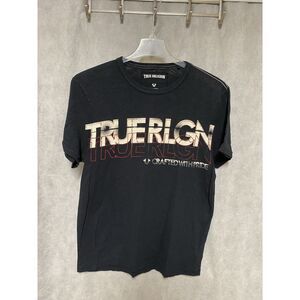 NWOT Vintage True Religion Men T-Shirt Size L Black Spell Out Retro Logo Tee Y2K